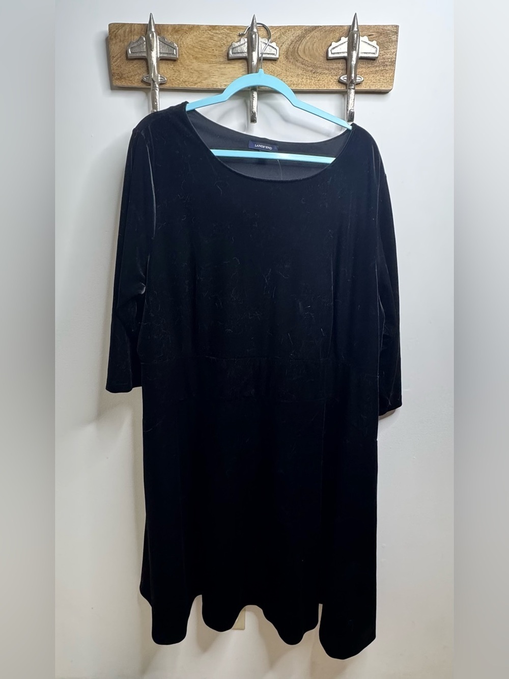 Lands' End Black Velour Long Sleeve Scoop Neck Dress